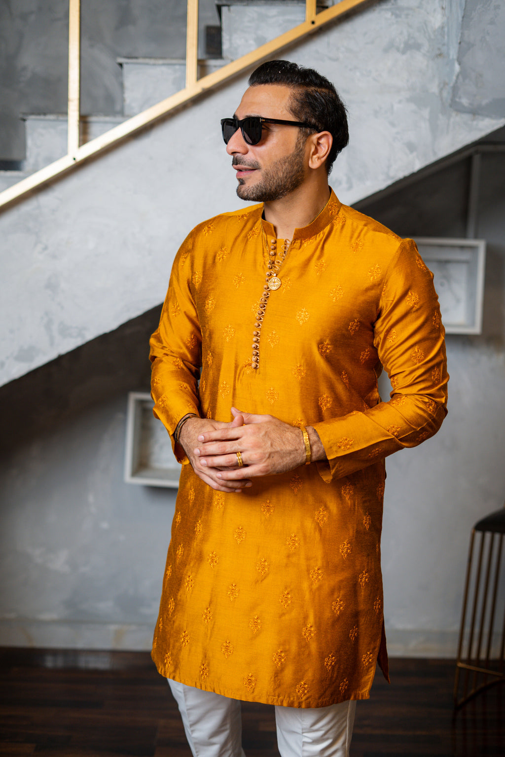 Mustard Embossed Kurta Pajama HumayunAlamgir