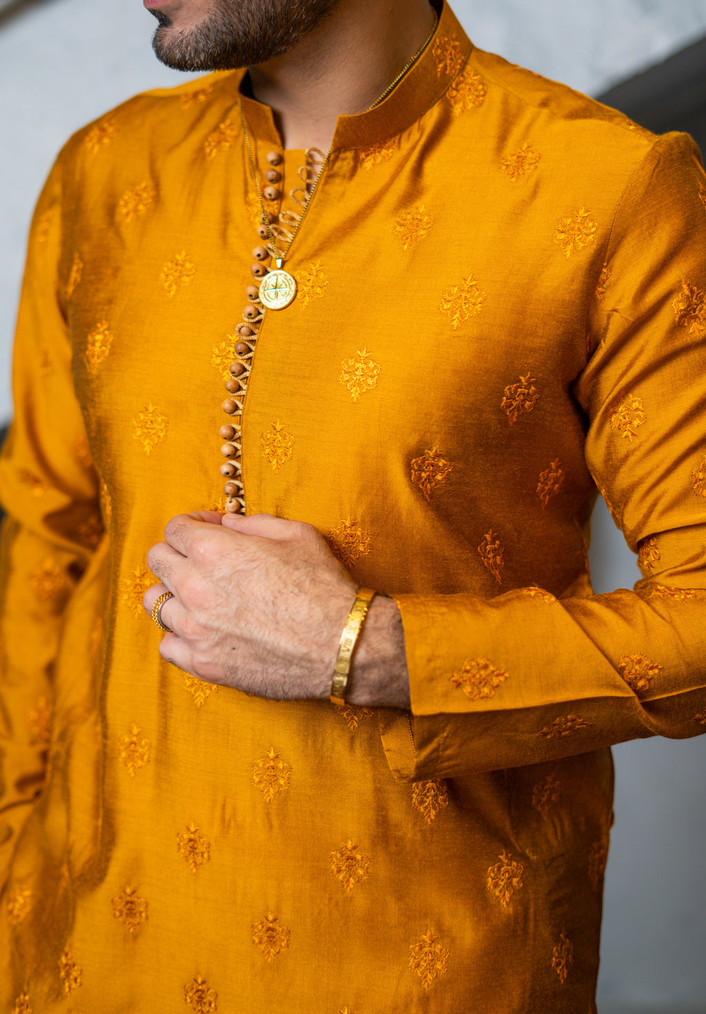 Mustard Embossed Kurta Pajama HumayunAlamgir