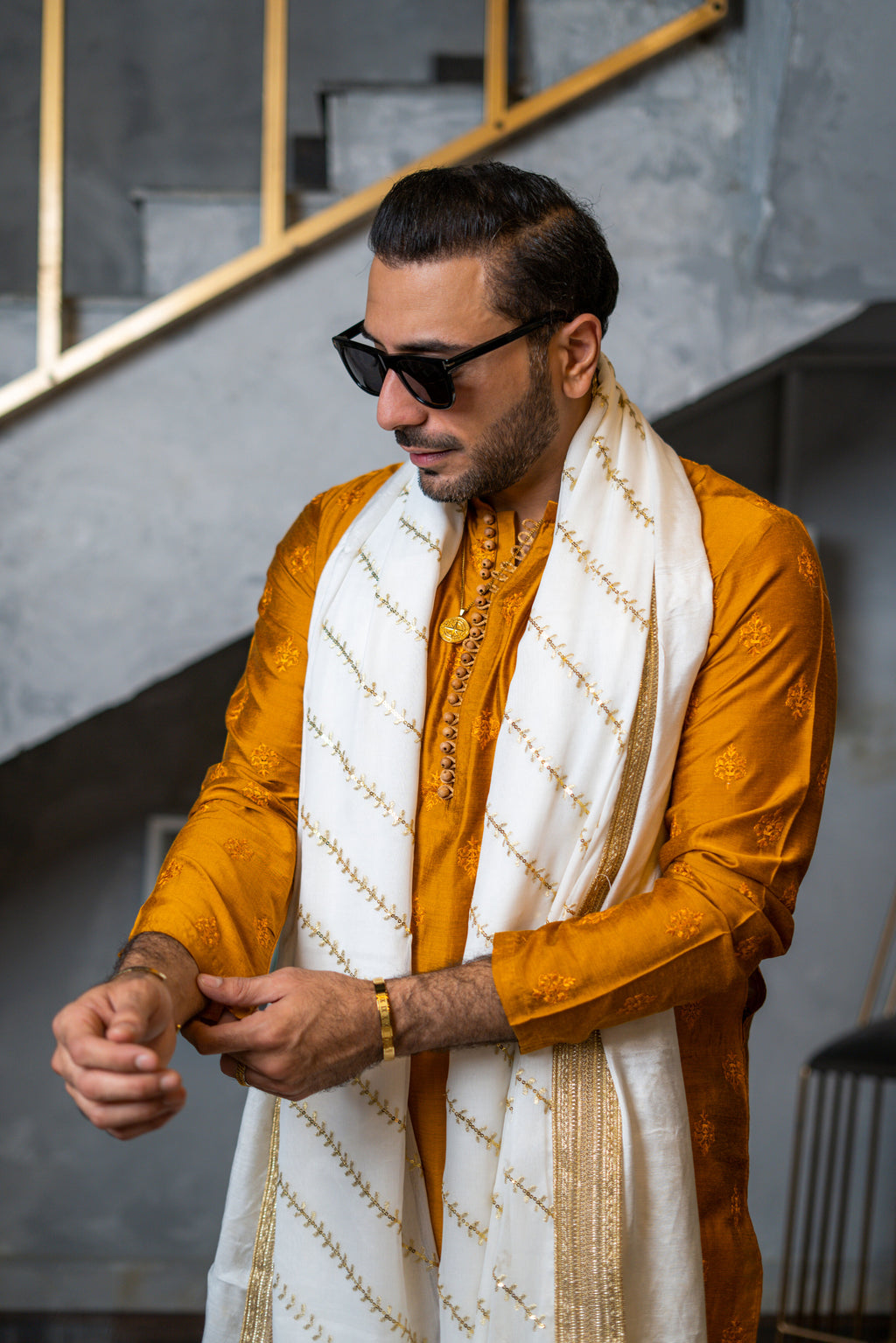 Mustard Embossed Kurta Pajama HumayunAlamgir