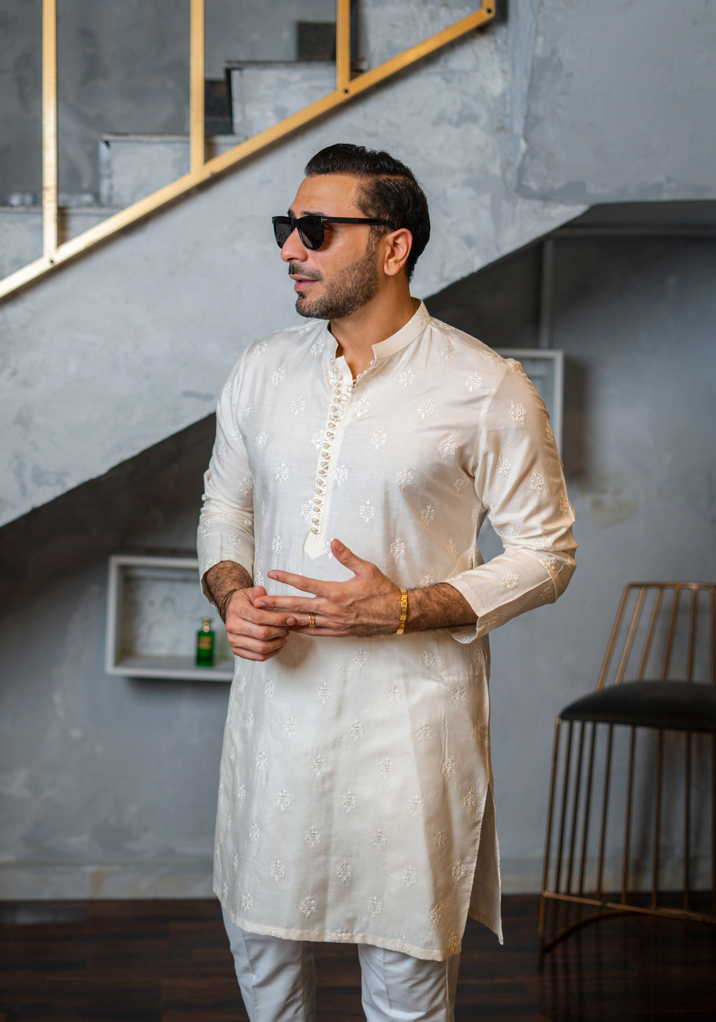Ivory Embossed Kurta Pajama HumayunAlamgir