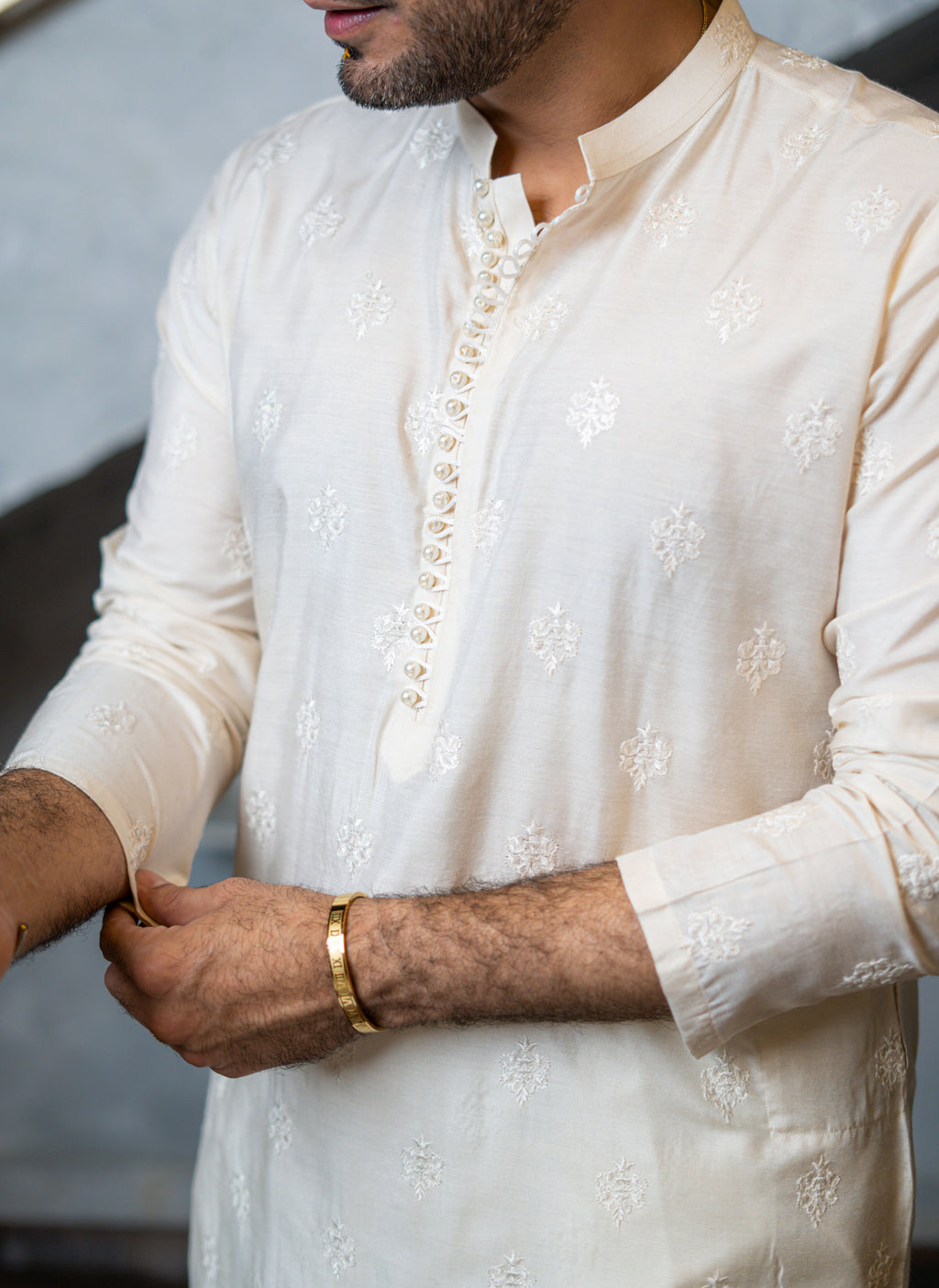 Ivory Embossed Kurta Pajama HumayunAlamgir