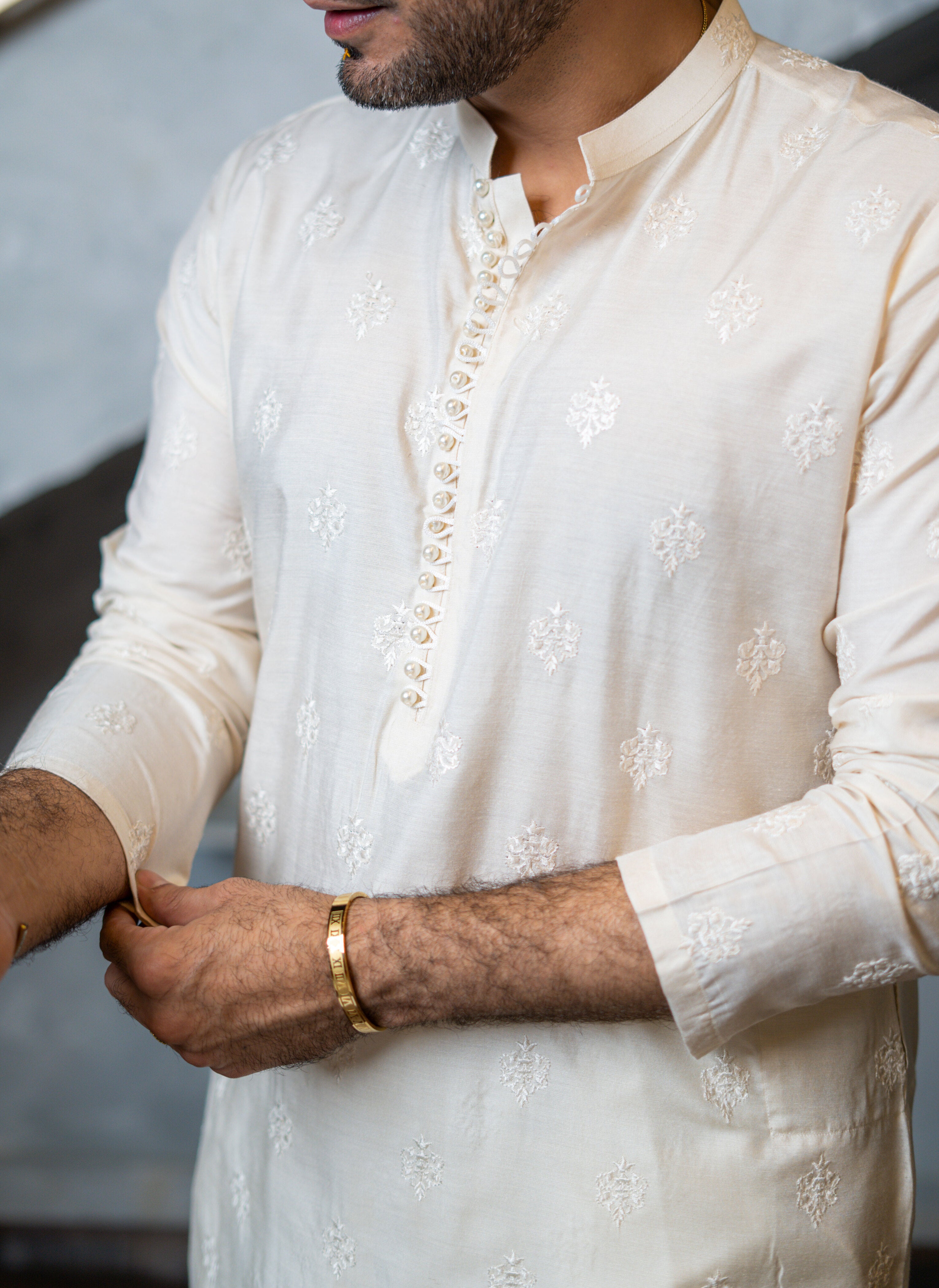 Ivory Embossed Kurta Pajama HumayunAlamgir