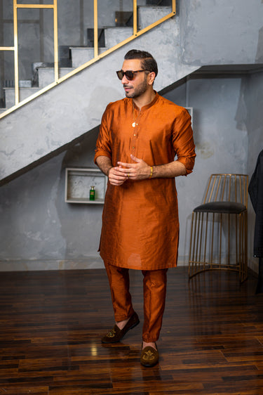 Rust Raw Silk Kurta Pajama