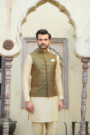 Green Beige Embellish Embroidery Waist Coat Mehndi Collection HumayunAlamgir