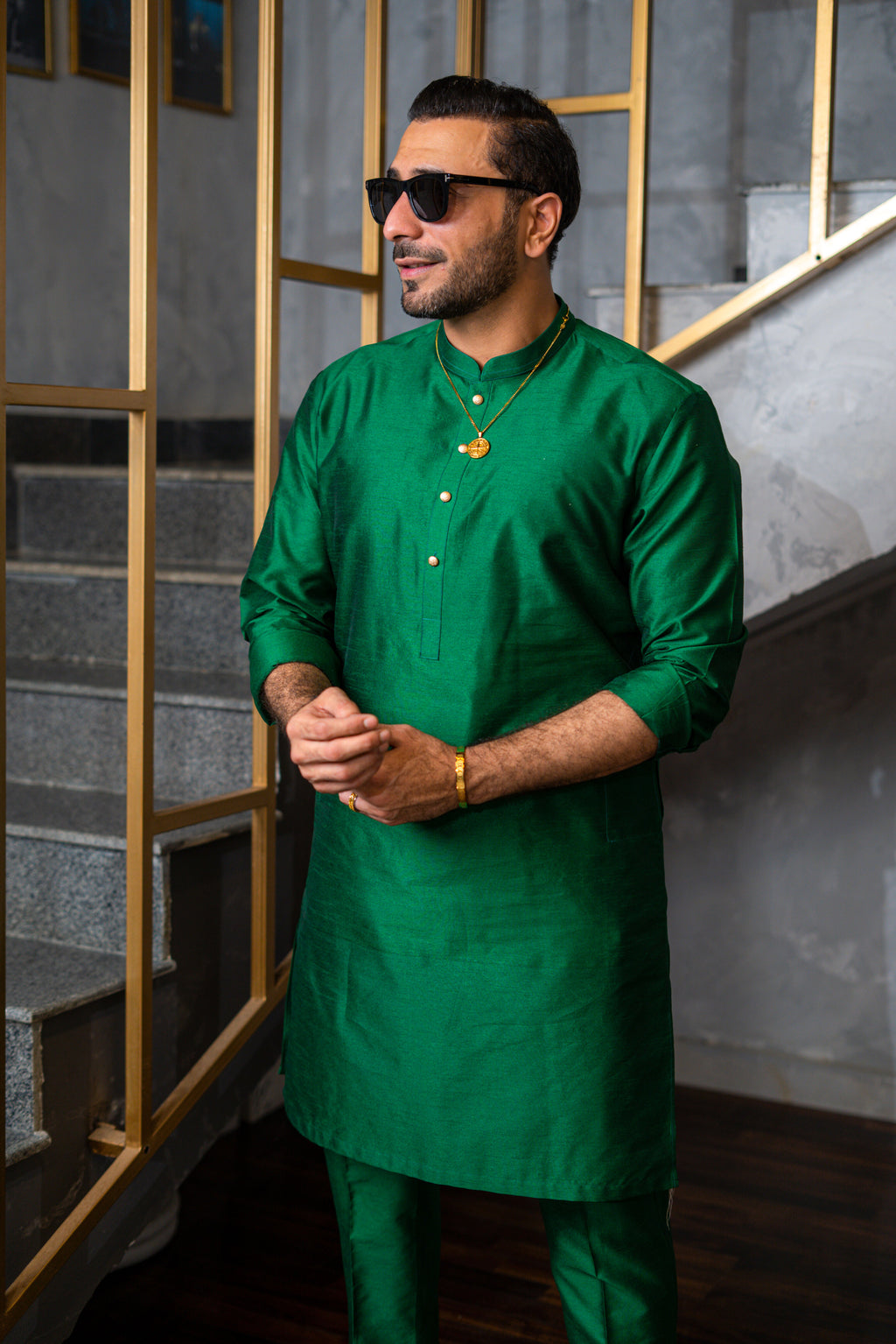 Bottle Green Silk Kurta Pajama HumayunAlamgir