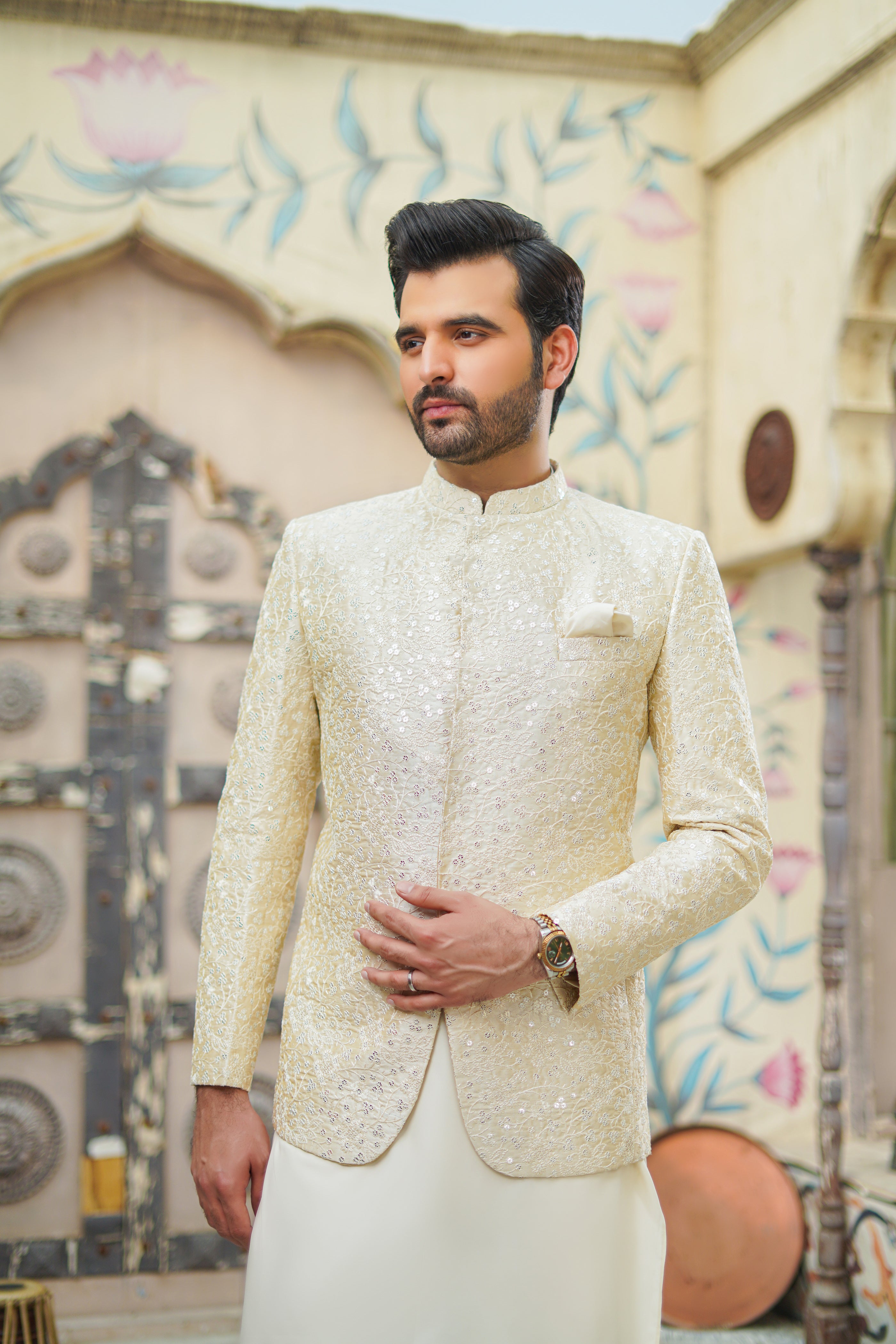Ivory Beige Light Sequence Prince Coat