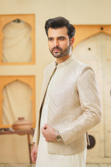 Ivory Gold Zig Zag Sequence Embroidery Prince Coat humyaunalamgir