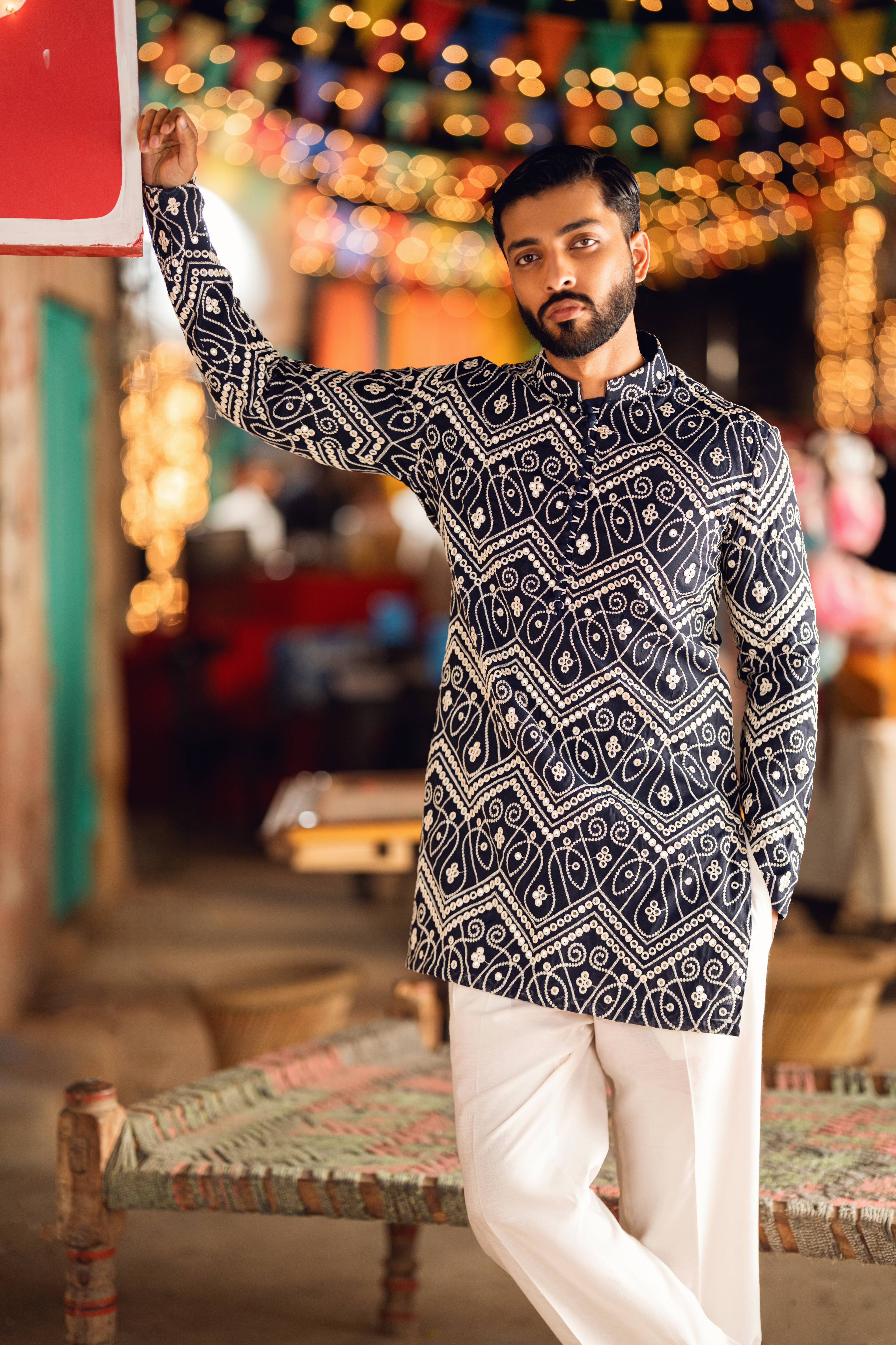 NAQOOSH – NAVY BLUE KURTA PAJAMA Humayunalamgir