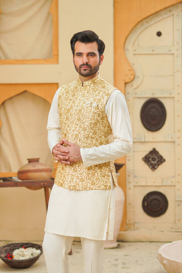 Ivory Base Light Golden Embroidery Waist Coat Waist Coats HumayunAlamgir S Waist Coat