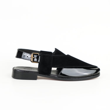 BLACK VELVET SHINY PATTERN PESHAWARI SANDAL SLIDES-SLIPONS humayaunalamgir