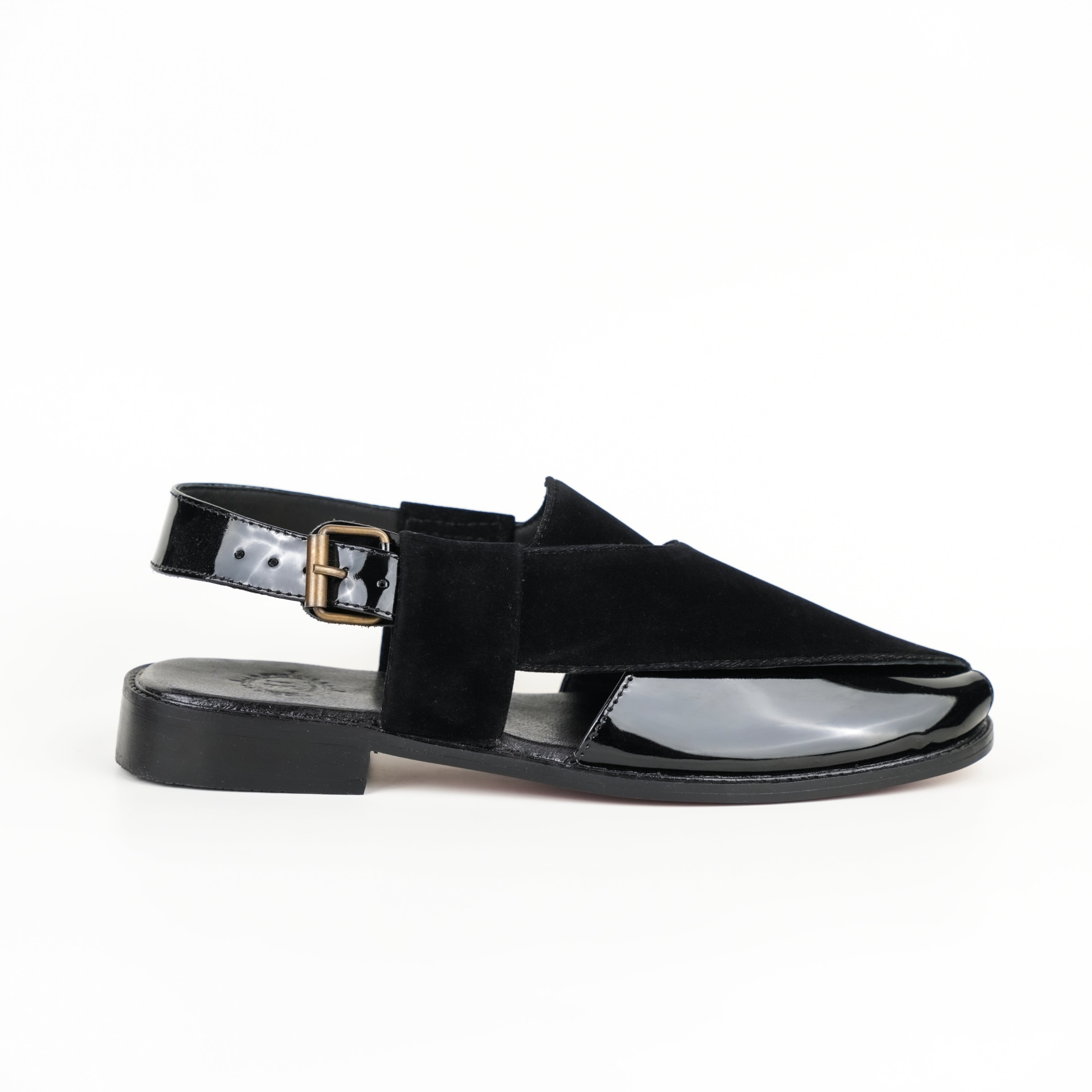 BLACK VELVET SHINY PATTERN PESHAWARI SANDAL SLIDES-SLIPONS humayaunalamgir