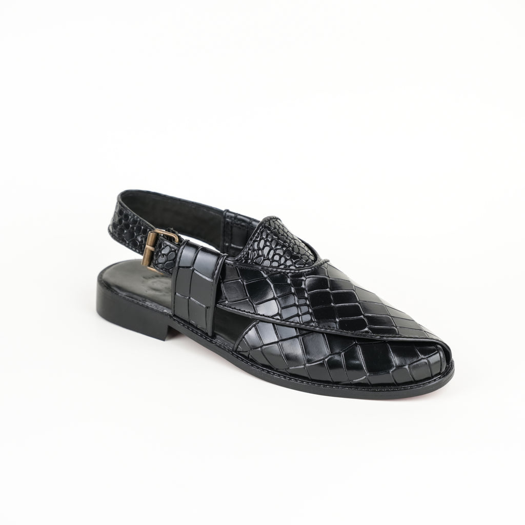 BLACK CROCODILE LEATHER PESHAWARI SANDAL SLIDES-SLIPONS humayaunalamgir
