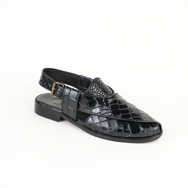 BLACK CROCODILE LEATHER PESHAWARI SANDAL SLIDES-SLIPONS humayaunalamgir