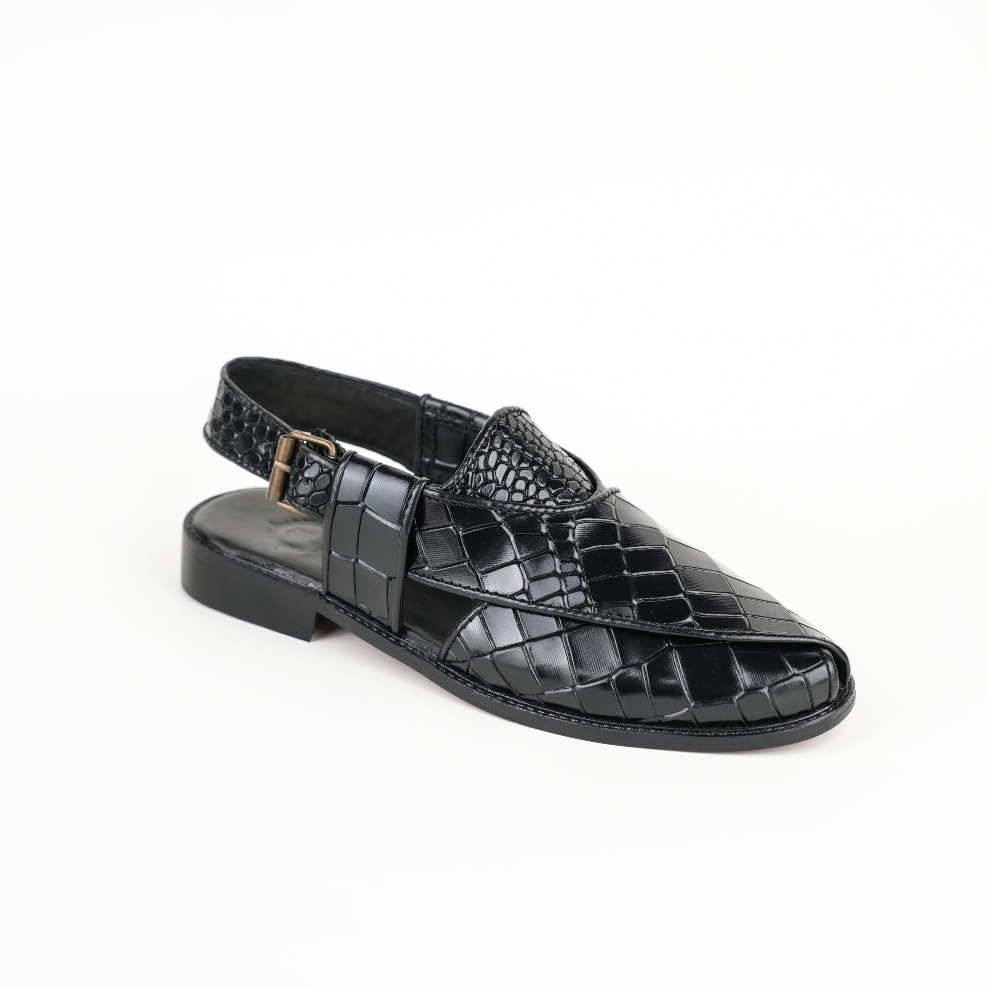 BLACK CROCODILE LEATHER PESHAWARI SANDAL SLIDES-SLIPONS humayaunalamgir