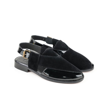 BLACK VELVET SHINY PATTERN PESHAWARI SANDAL SLIDES-SLIPONS humayaunalamgir
