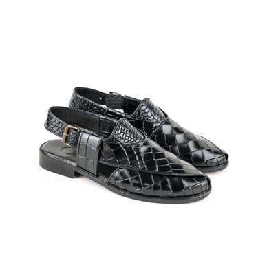 BLACK CROCODILE LEATHER PESHAWARI SANDAL SLIDES-SLIPONS humayaunalamgir