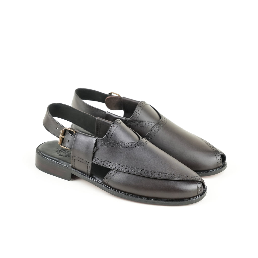 BROWN LEATHER BROKE PESHAWARI SANDAL SLIDES-SLIPONS humayaunalamgir