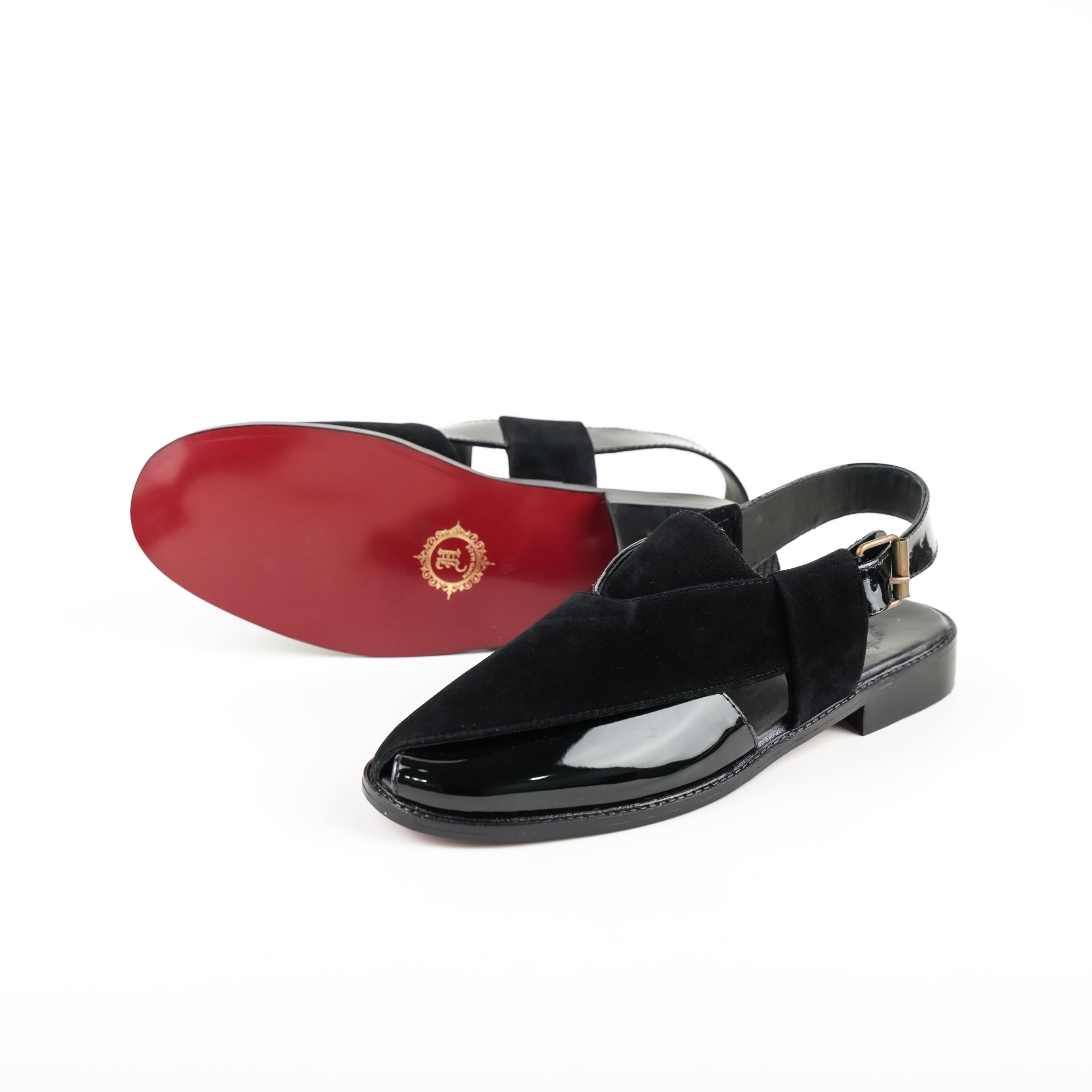 BLACK VELVET SHINY PATTERN PESHAWARI SANDAL SLIDES-SLIPONS humayaunalamgir