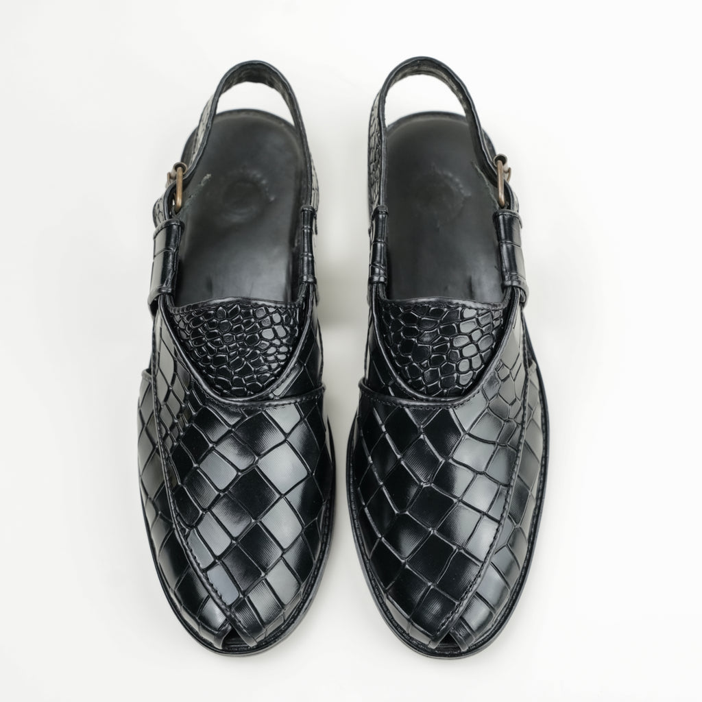 BLACK CROCODILE LEATHER PESHAWARI SANDAL SLIDES-SLIPONS humayaunalamgir