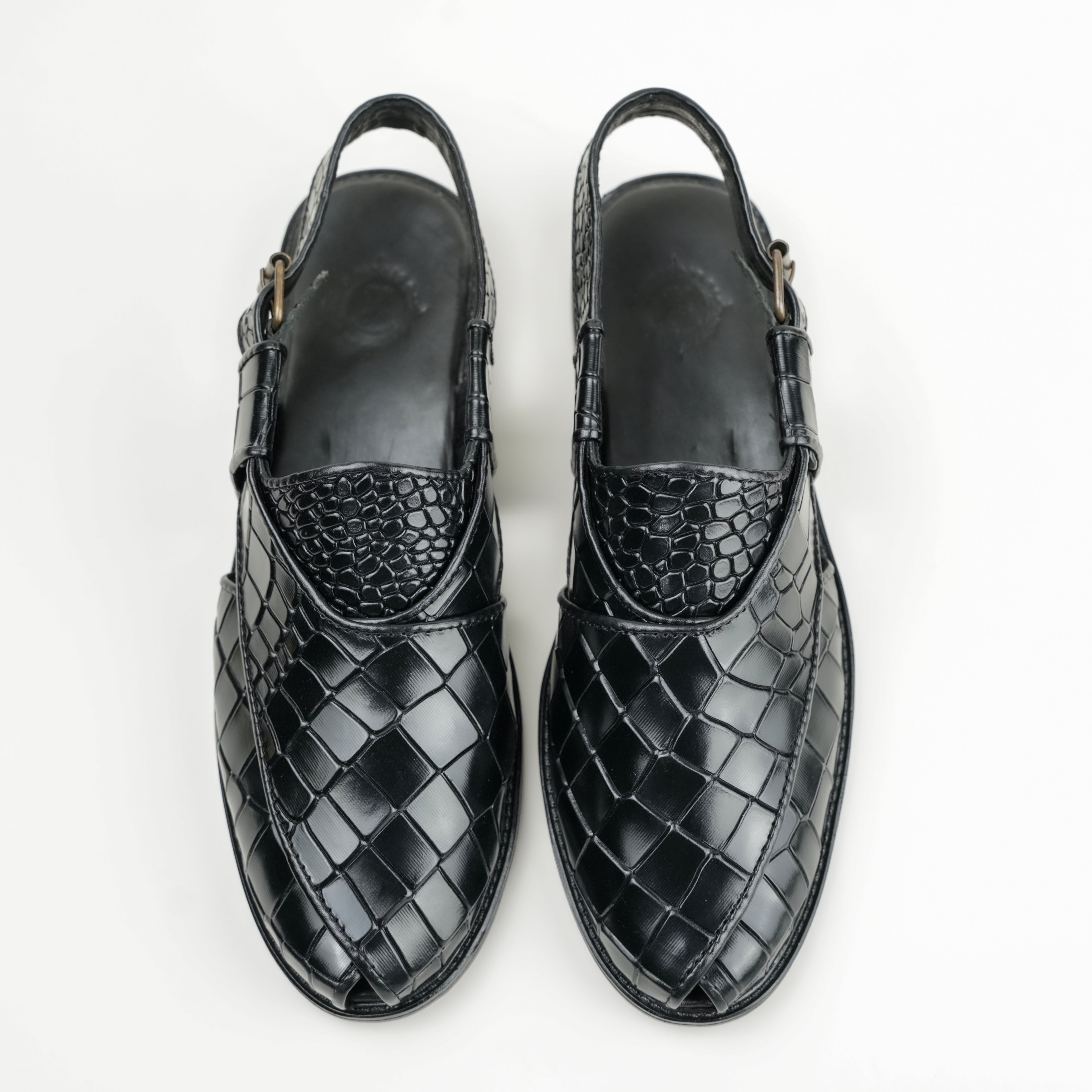 BLACK CROCODILE LEATHER PESHAWARI SANDAL SLIDES-SLIPONS humayaunalamgir