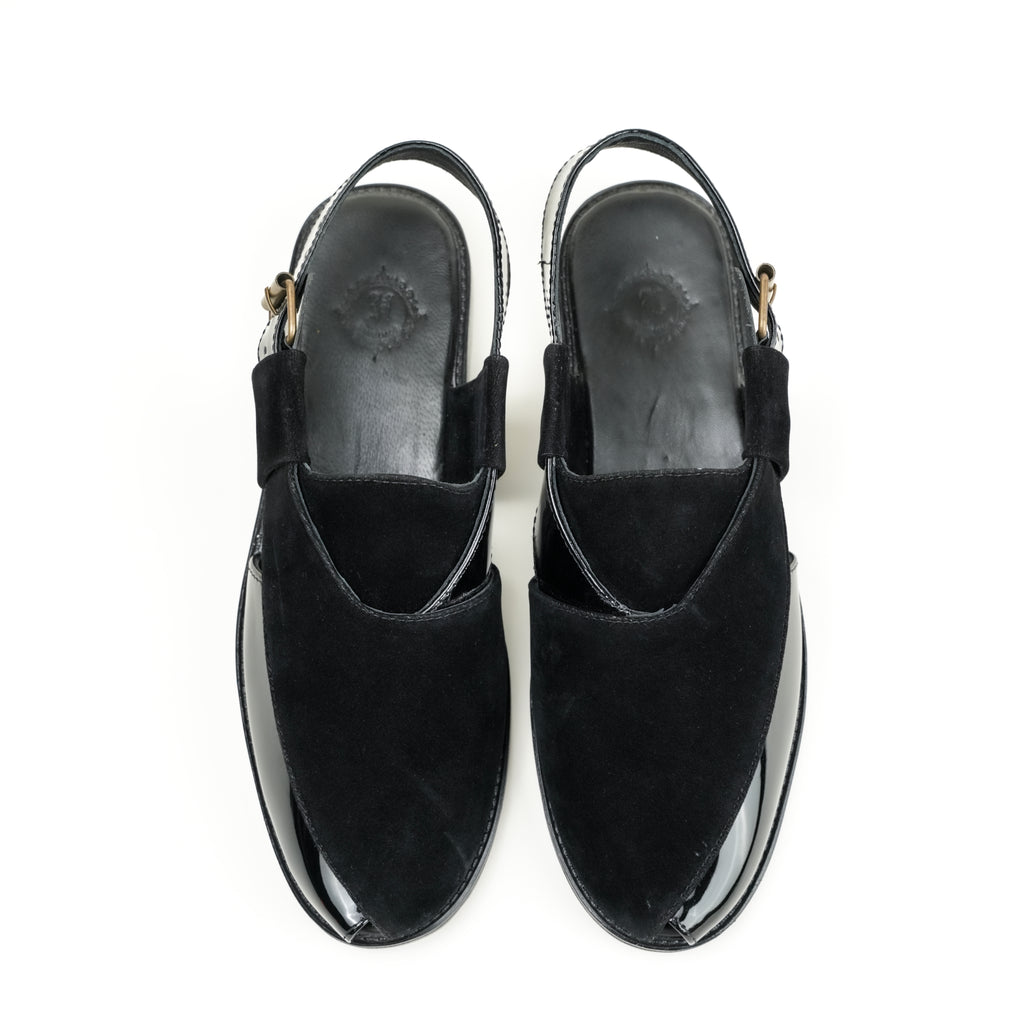 BLACK VELVET SHINY PATTERN PESHAWARI SANDAL SLIDES-SLIPONS humayaunalamgir