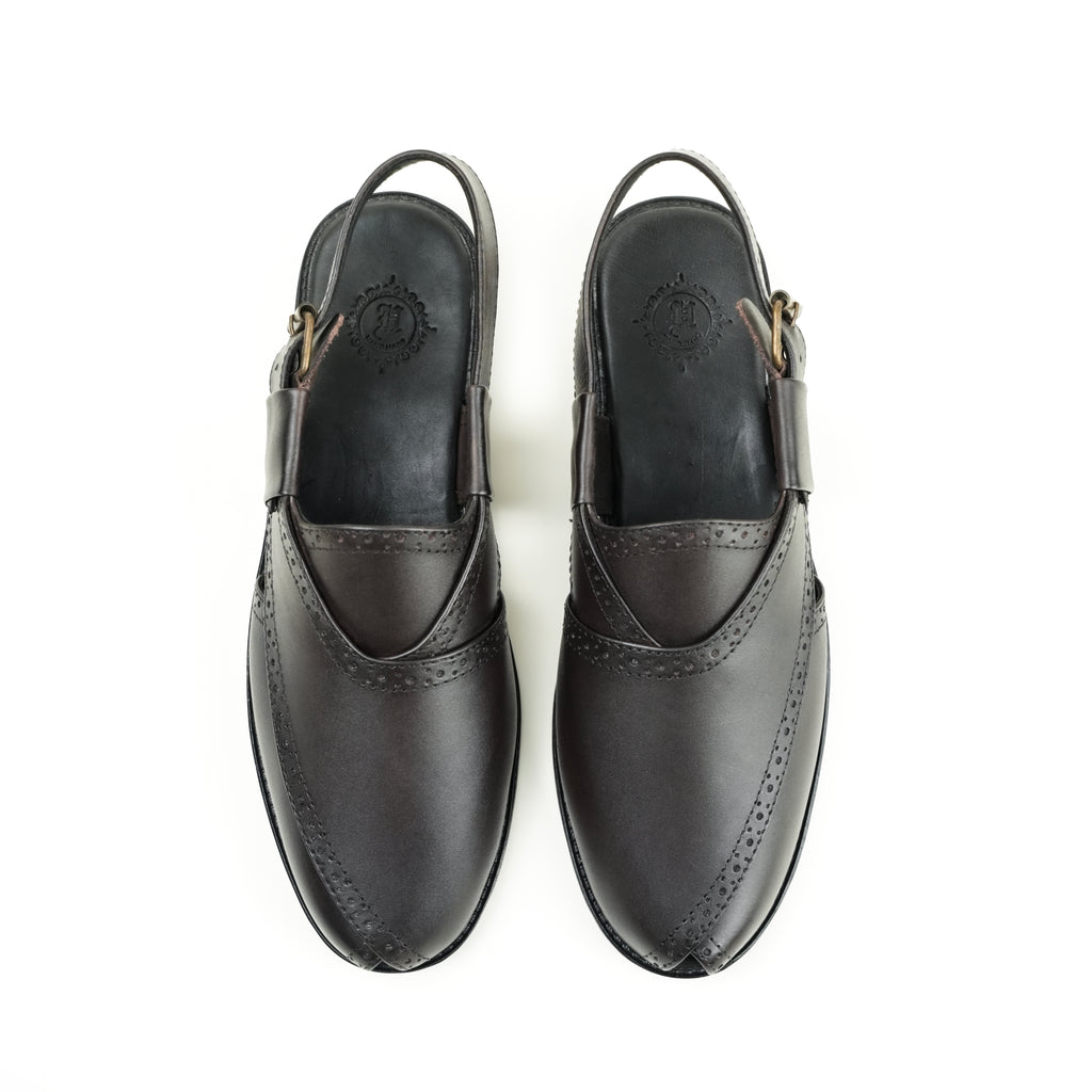 BROWN LEATHER BROKE PESHAWARI SANDAL SLIDES-SLIPONS humayaunalamgir