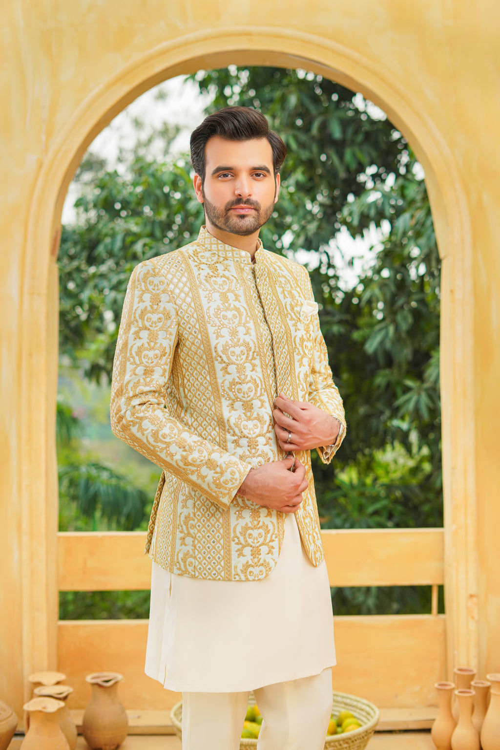 Light Ferozi Beige Self Sequence Prince Coat humyaunalamgir