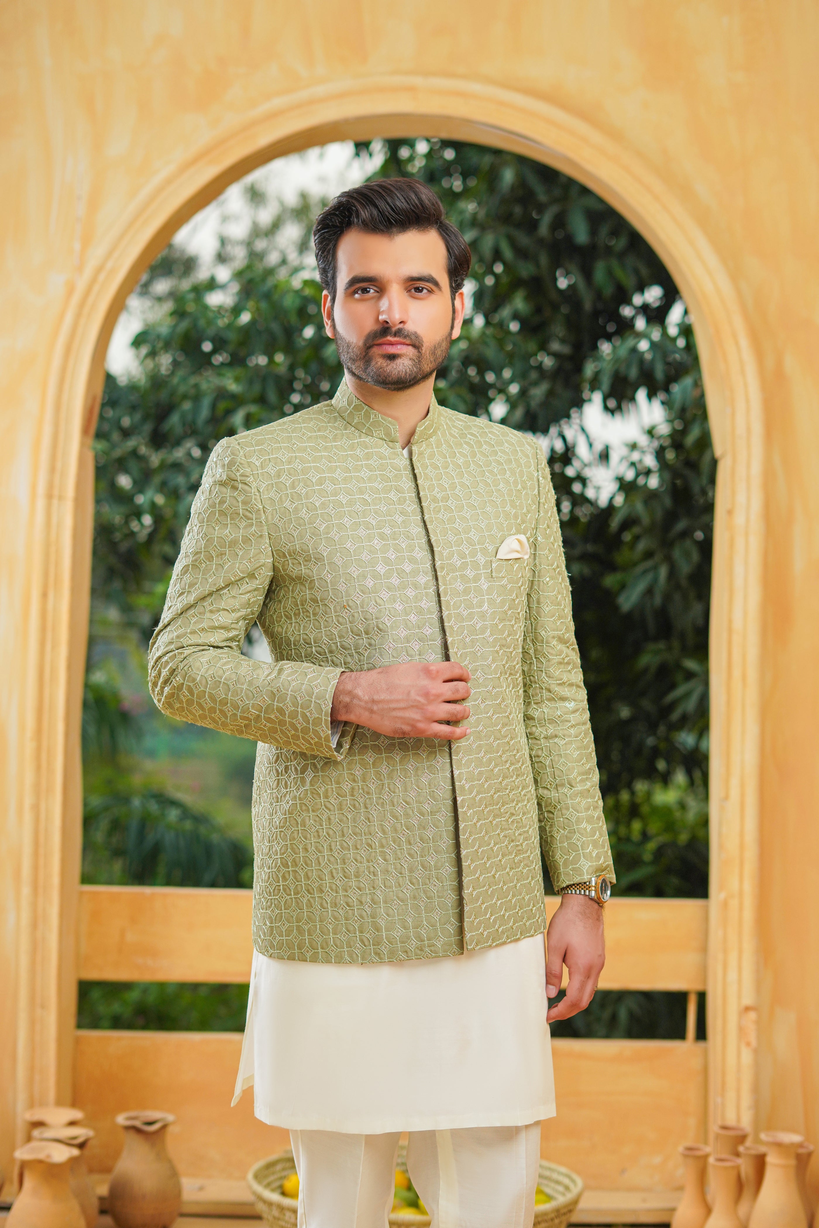 Mint Green Embroidery Sequence Prince Coat