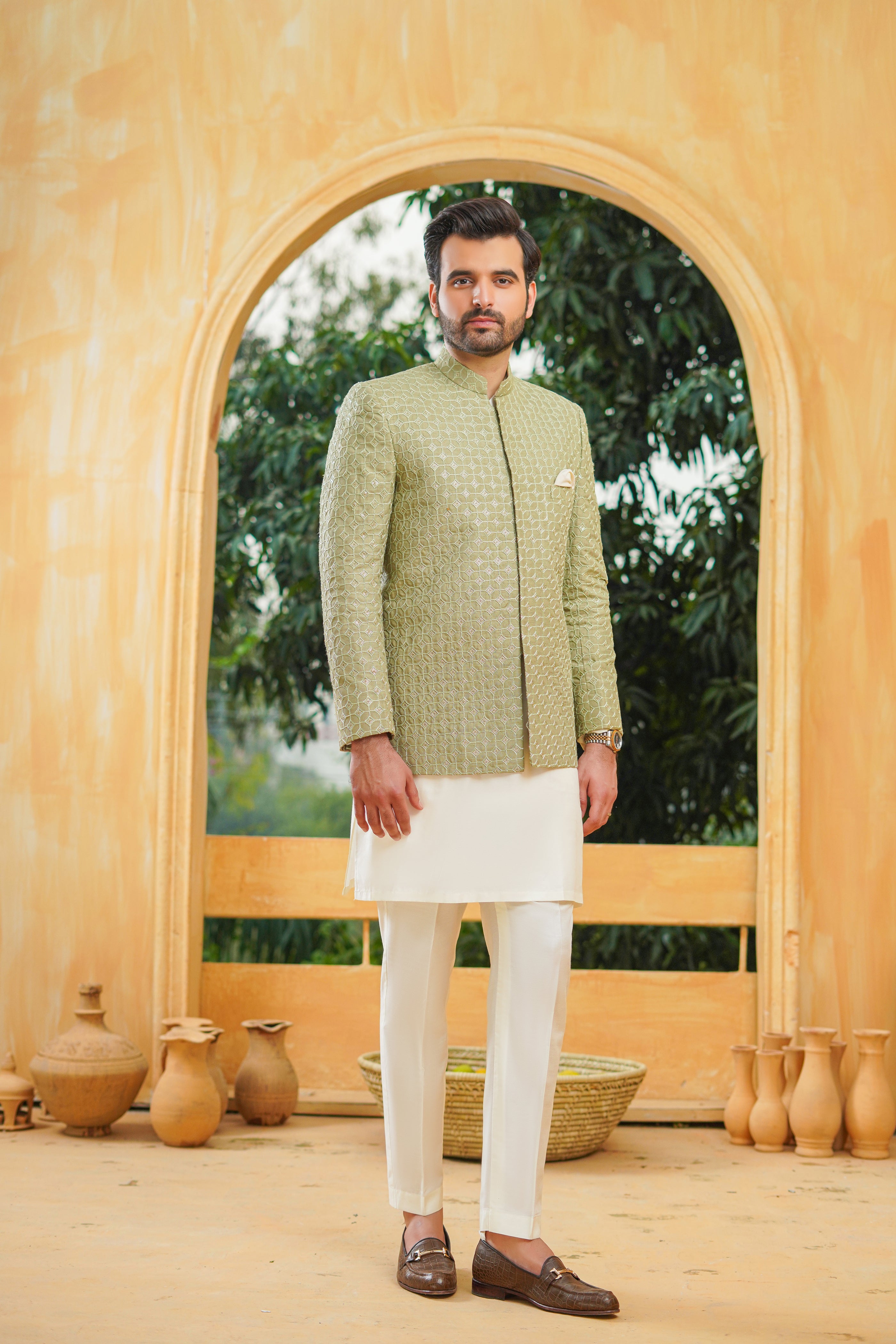 Mint Green Embroidery Sequence Prince Coat humyaunalamgir