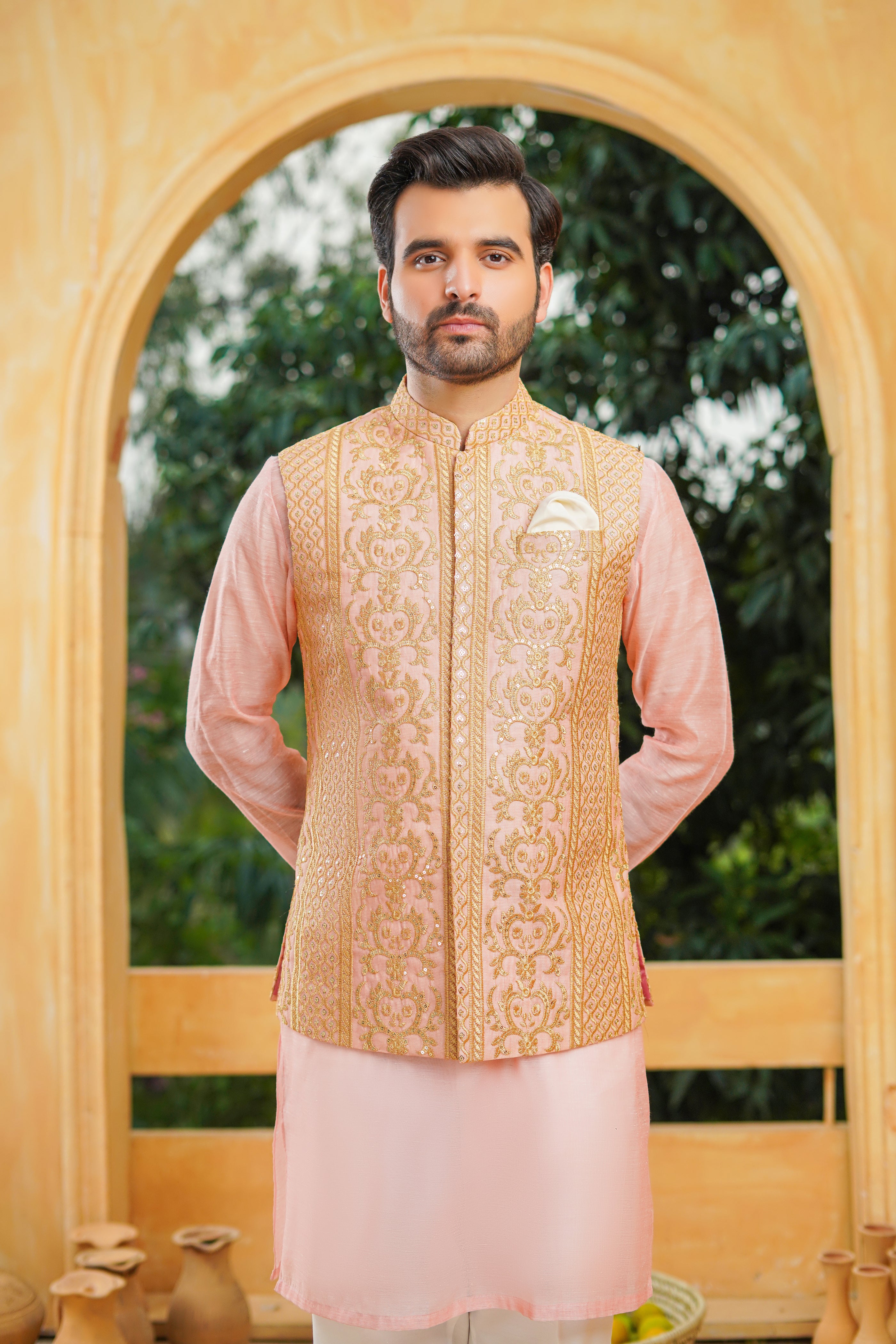 Light Pink Beige Waist Coat Mehndi Collection HumayunAlamgir