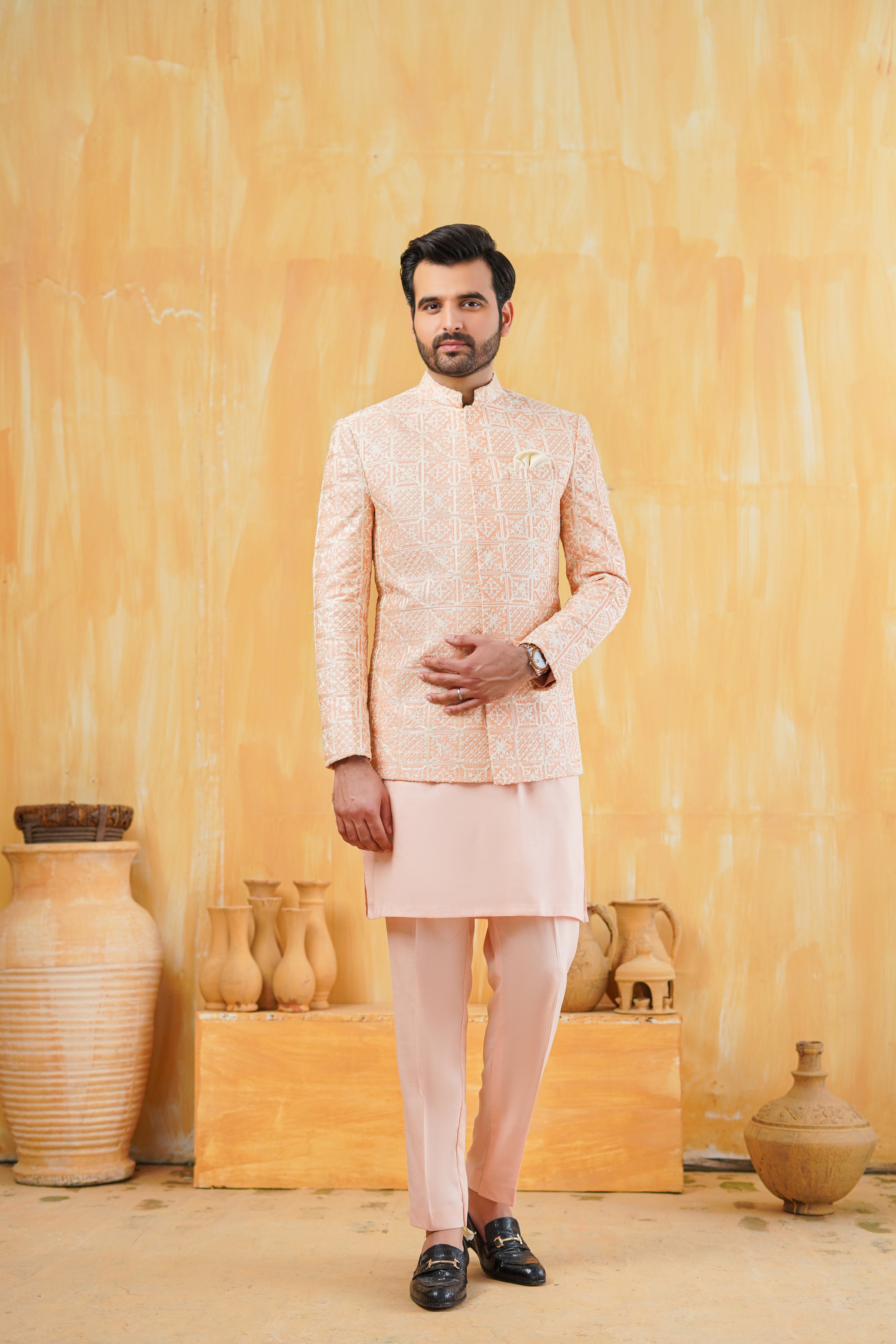 Light Peach Embellish Prince Coat humyaunalamgir