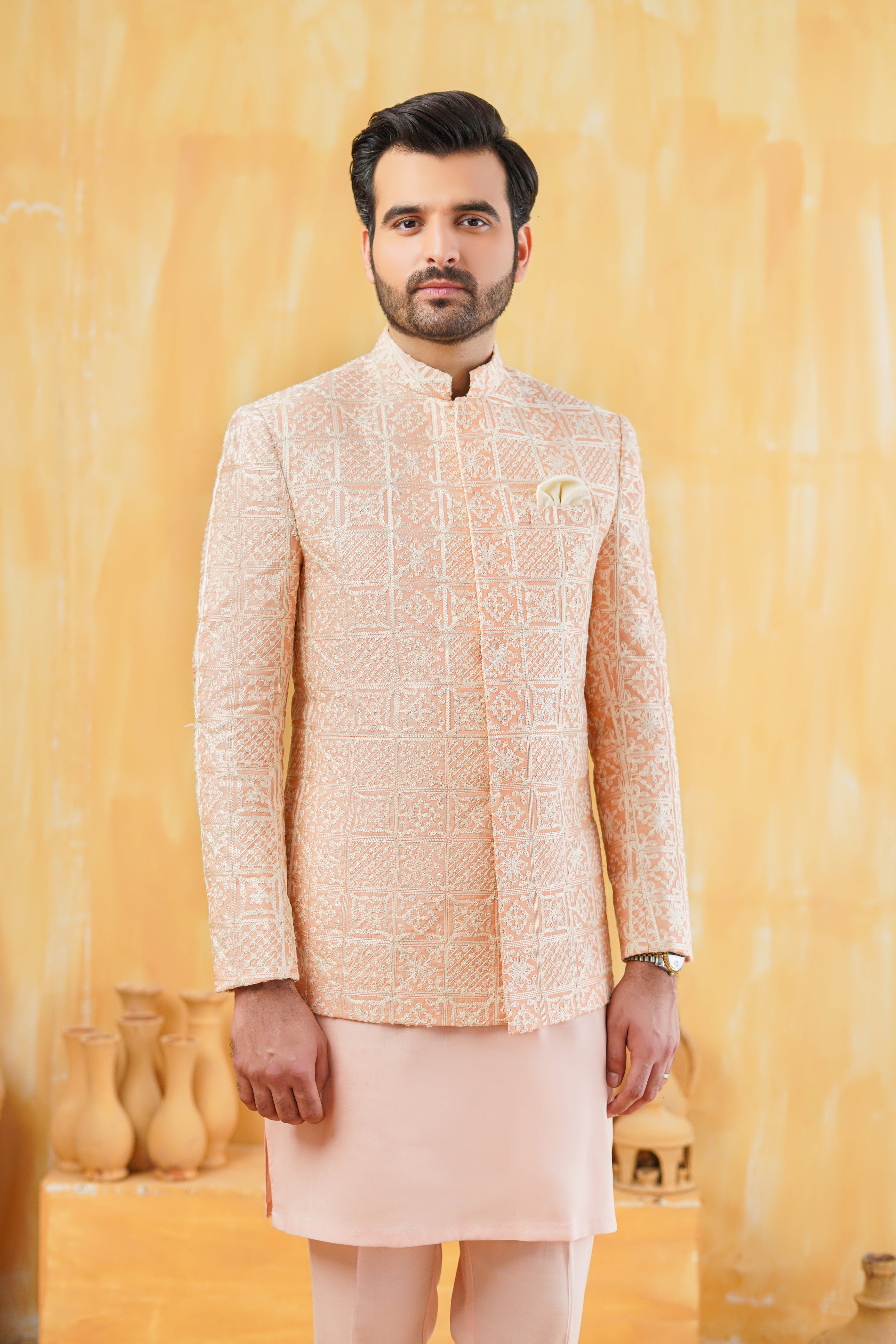 Light Peach Embellish Prince Coat humyaunalamgir