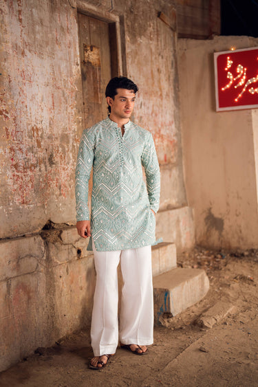 NAQOOSH – MINT GREEN KURTA PAJAMA Humayunalamgir