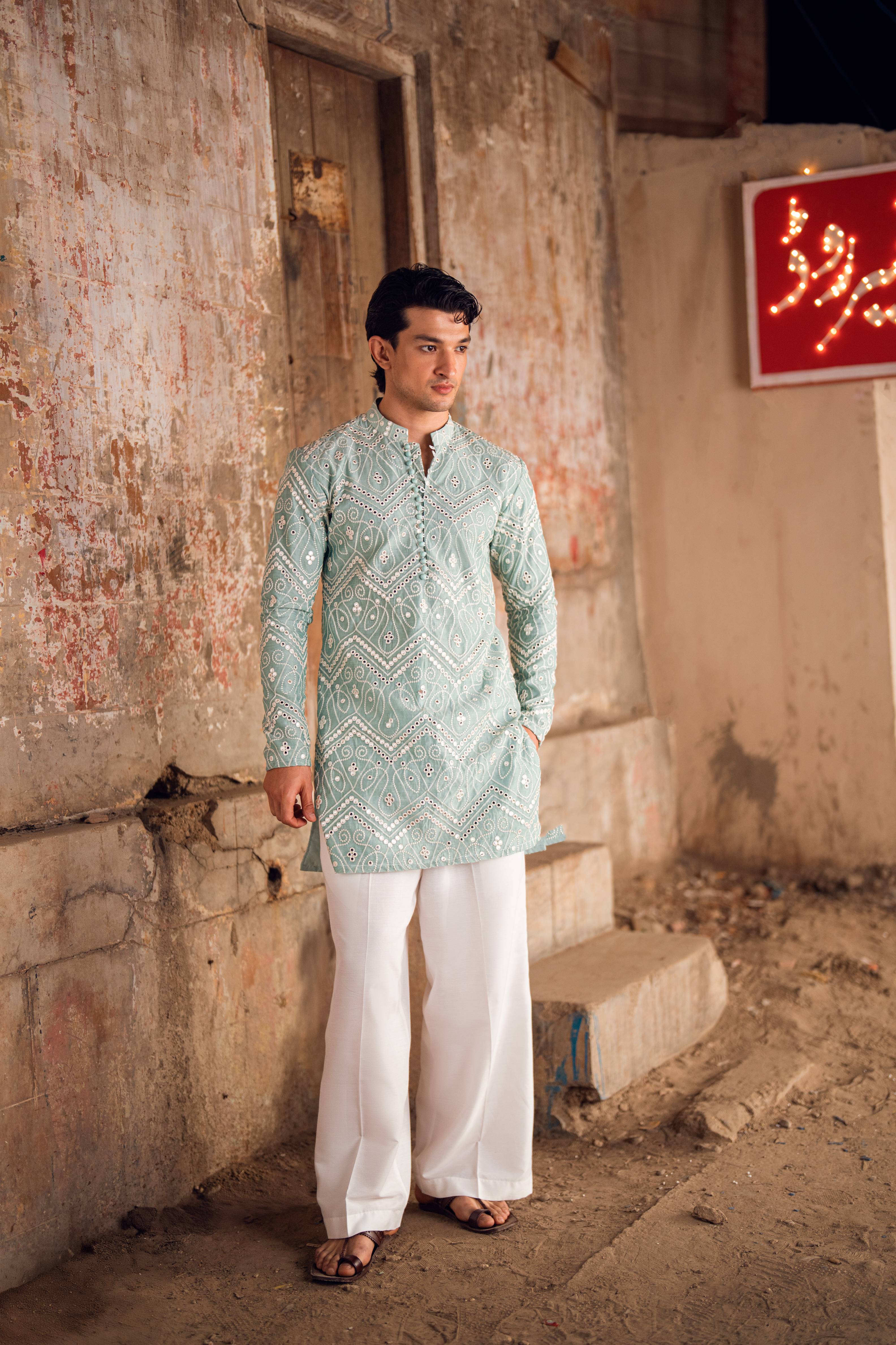 NAQOOSH – MINT GREEN KURTA PAJAMA Humayunalamgir