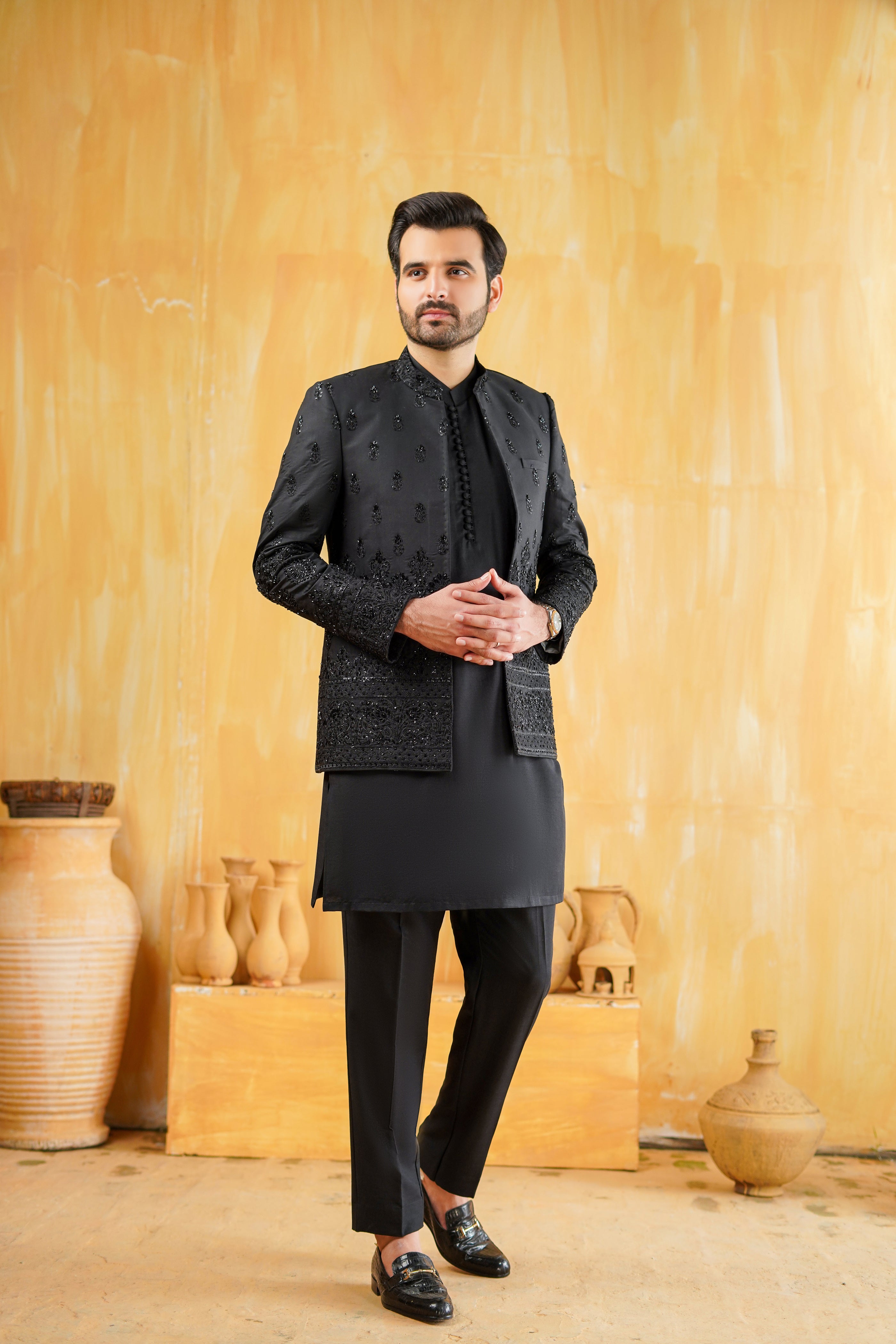 Black Embossed Prince Coat Mehndi Collection HumayunAlamgir