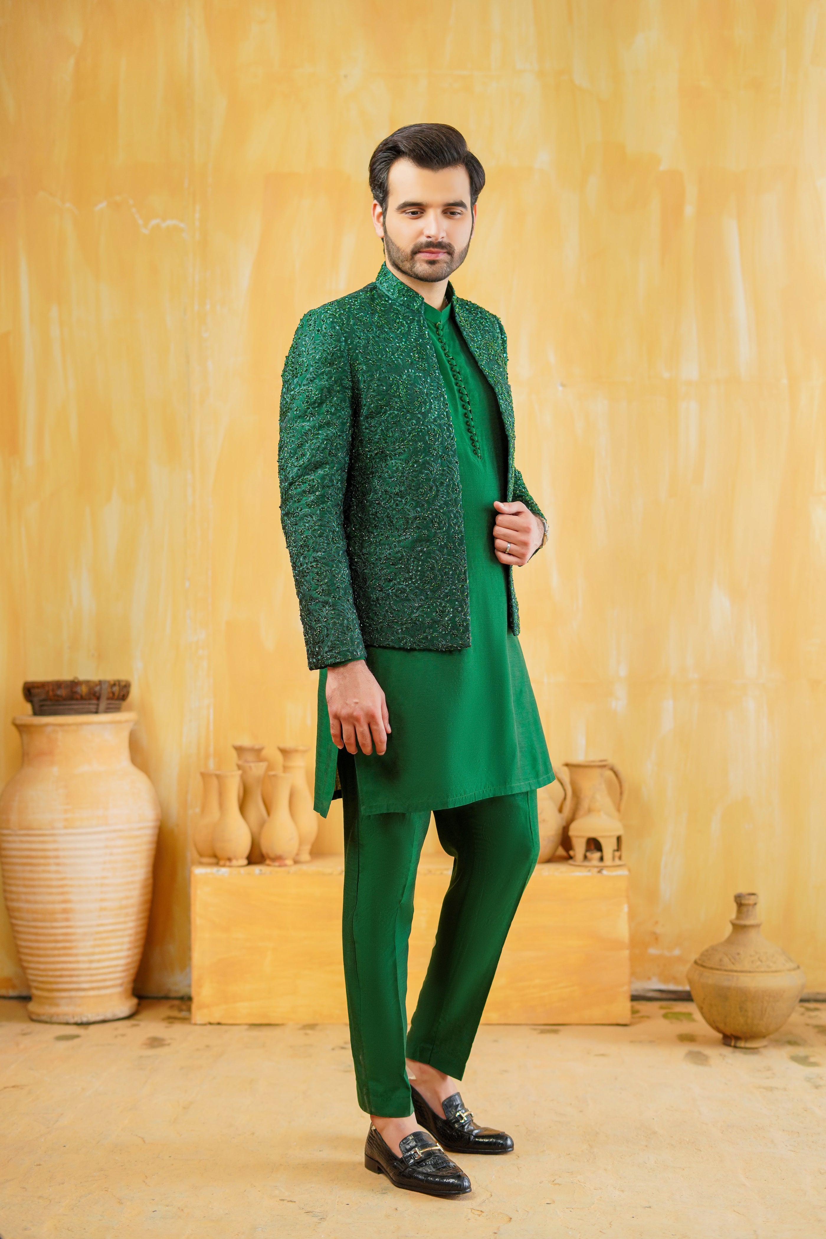 Bottle Green Prince Coat Mehndi Collection HumayunAlamgir