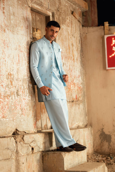ESHAAN AQUA BLUE WAIST COAT Humayunalamgir