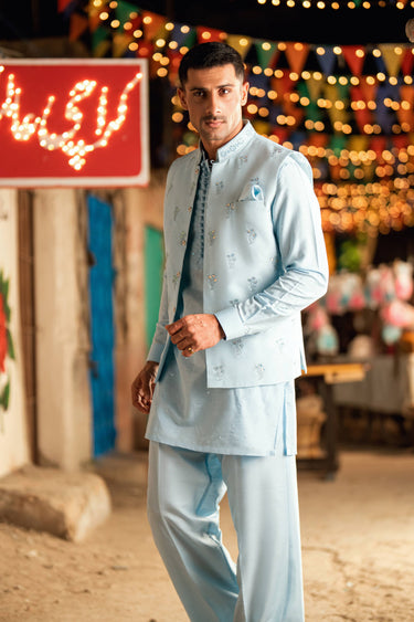ESHAAN AQUA BLUE WAIST COAT Humayunalamgir