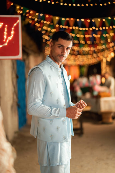 ESHAAN AQUA BLUE WAIST COAT Humayunalamgir