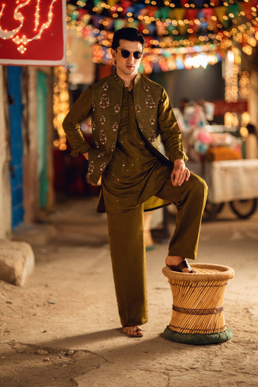 ZAREEF OLIVE GREEN WAIST COAT Humayunalamgir