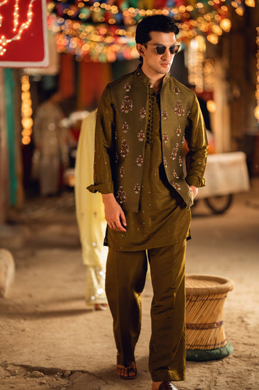 ZAREEF OLIVE GREEN WAIST COAT Humayunalamgir