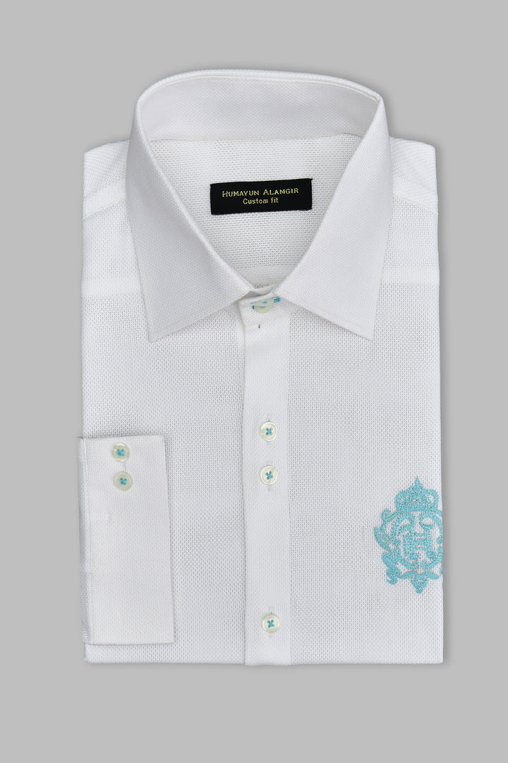 White Dolby Fabric Thread Front Motif Shirt Semi Formal humyaunalamgir S