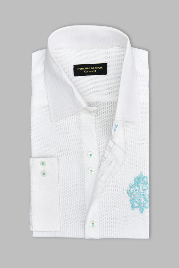 White Dolby Fabric Thread Front Motif Shirt Semi Formal humyaunalamgir