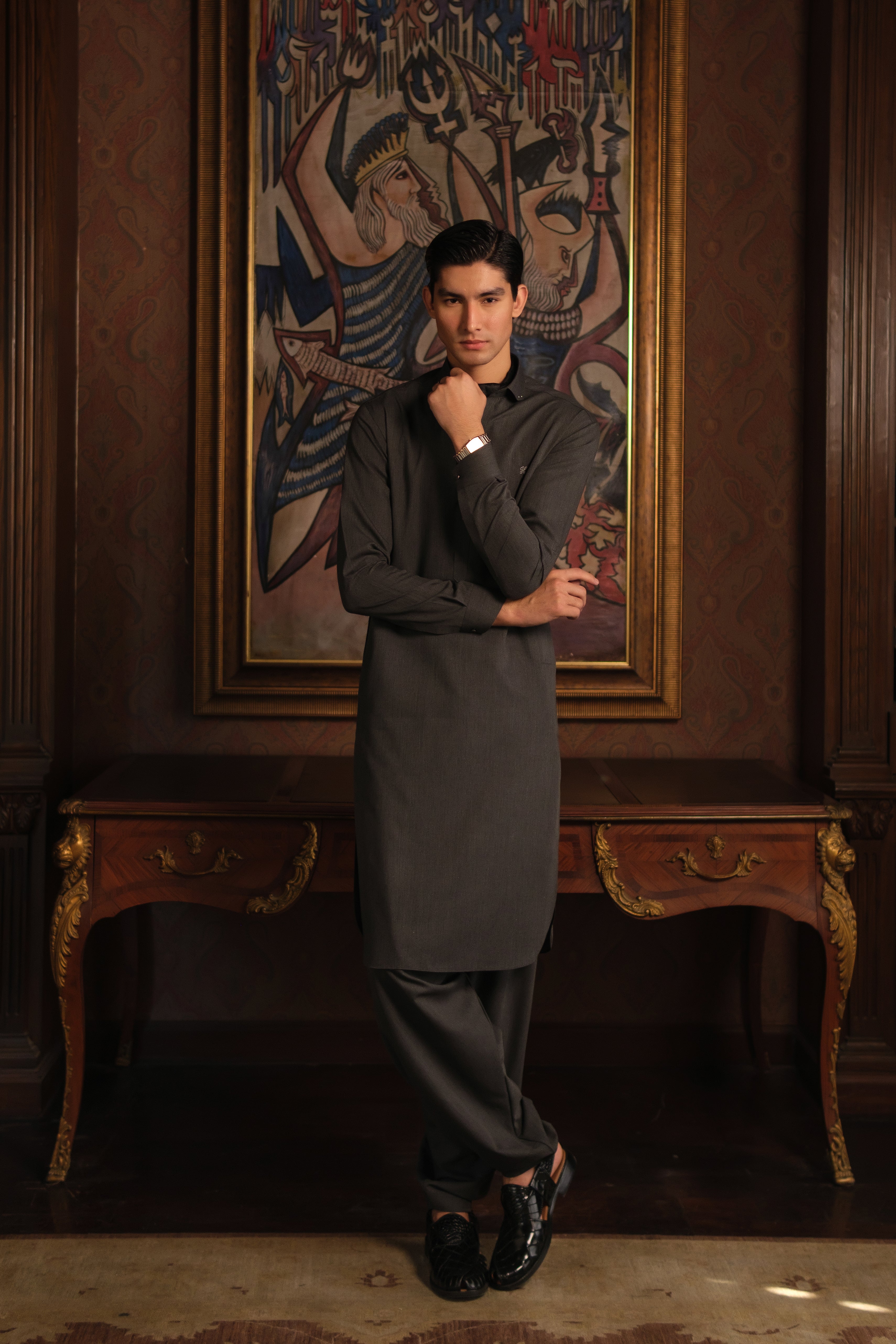 CHARCOAL GREY SELF TEXTURE WASH N WEAR SHALWAR KAMEEZ