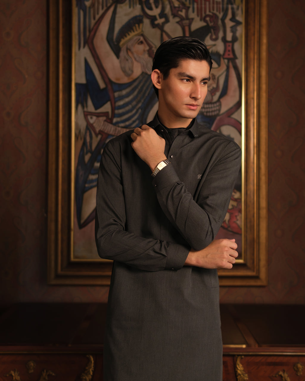 CHARCOAL GREY SELF TEXTURE WASH N WEAR SHALWAR KAMEEZ
