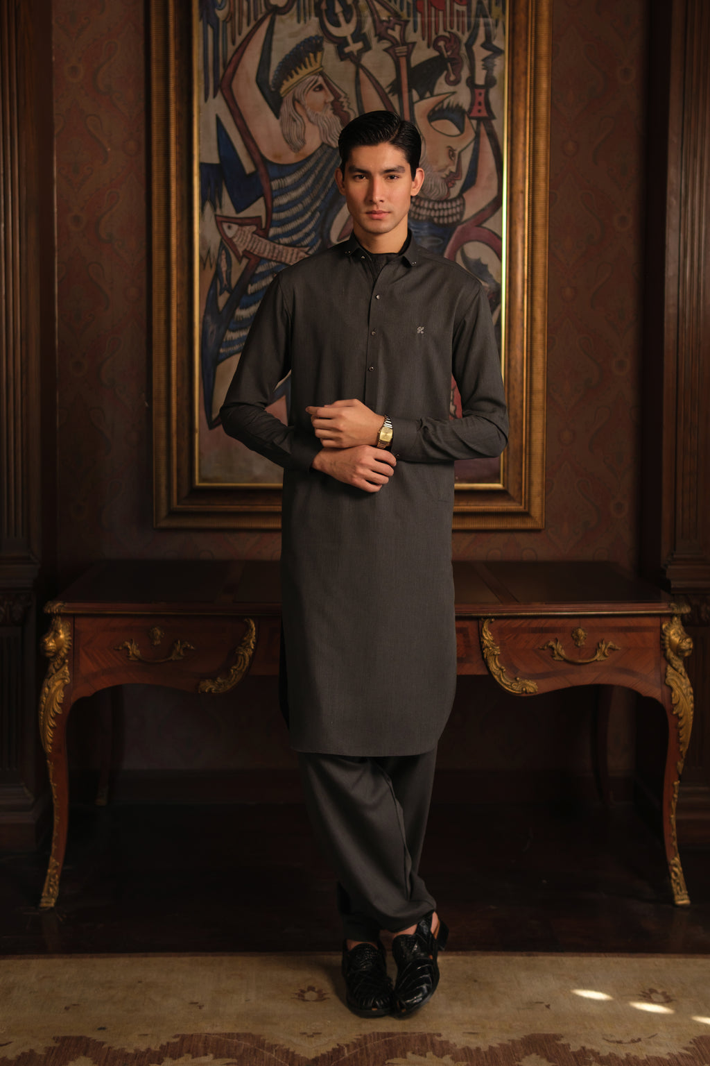 CHARCOAL GREY SELF TEXTURE WASH N WEAR SHALWAR KAMEEZ