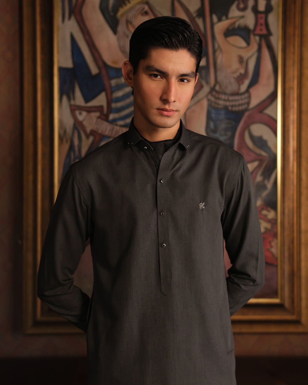 CHARCOAL GREY SELF TEXTURE WASH N WEAR SHALWAR KAMEEZ