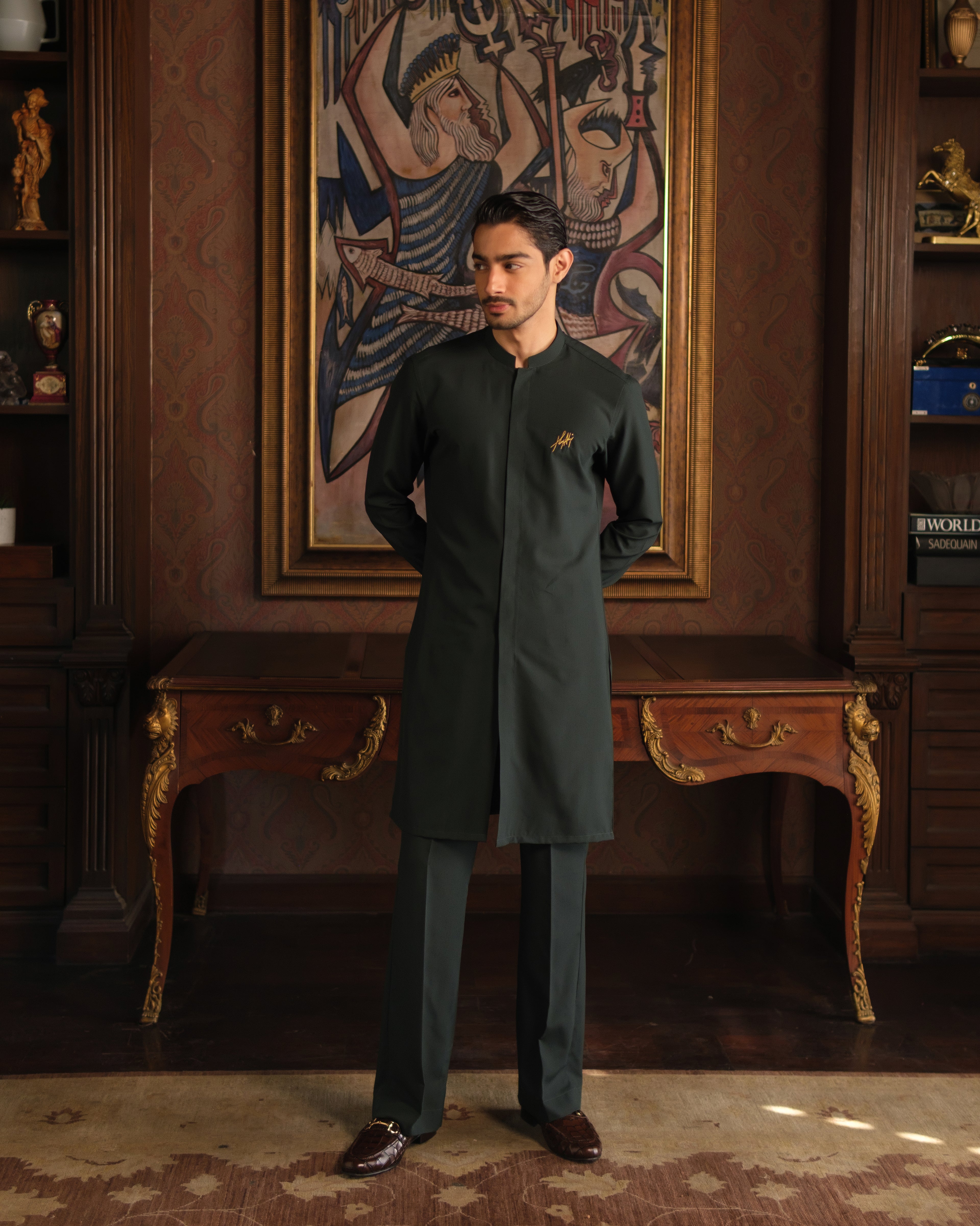 BOTTLE GREEN CHAMBRAY WASH N WEAR KURTA PAJAMA