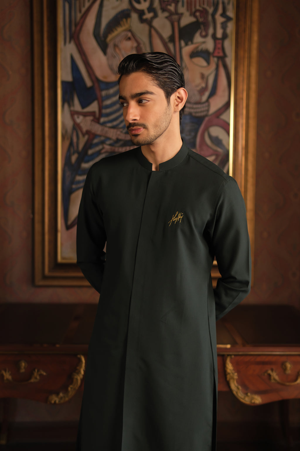 BOTTLE GREEN CHAMBRAY WASH N WEAR KURTA PAJAMA