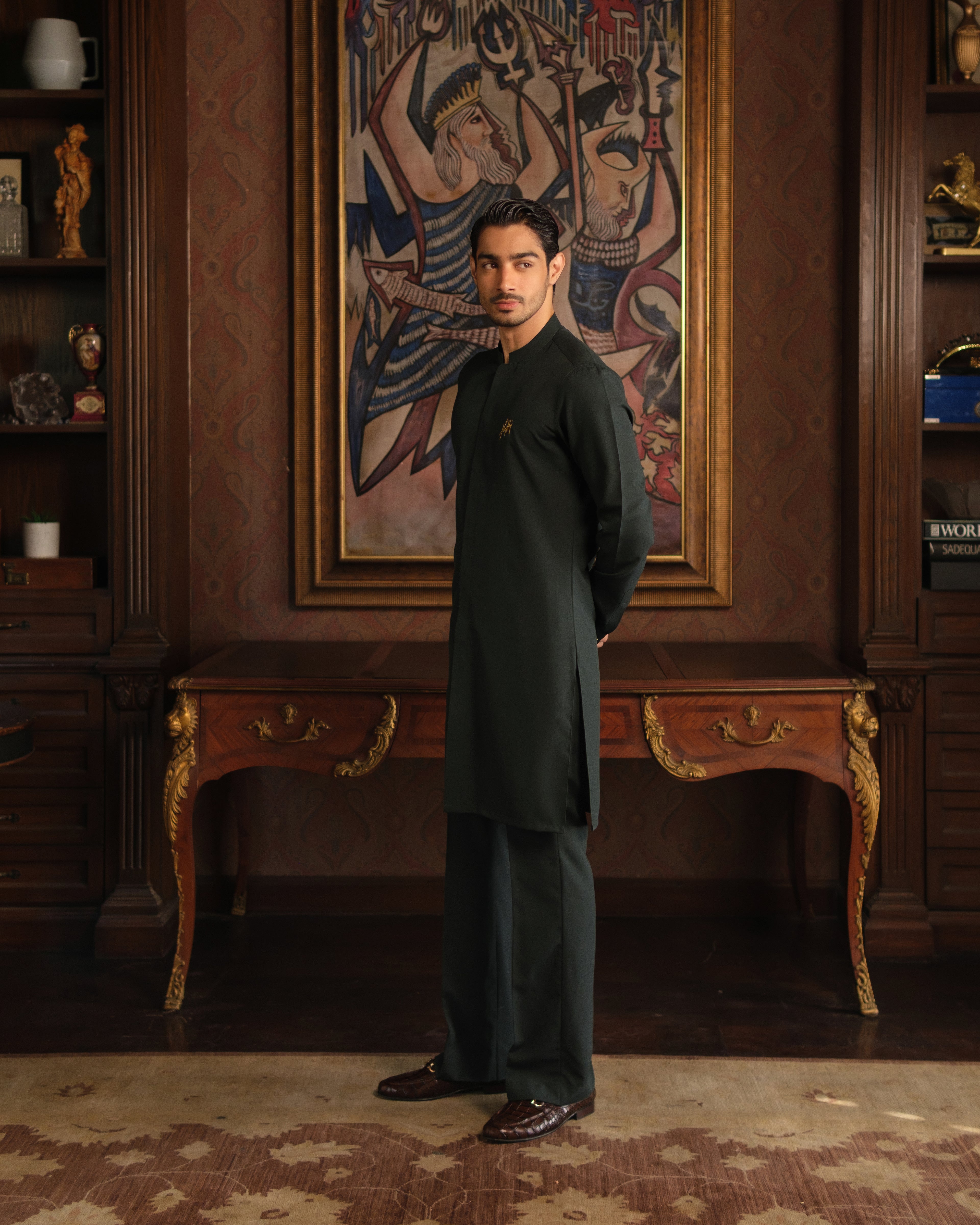 BOTTLE GREEN CHAMBRAY WASH N WEAR KURTA PAJAMA